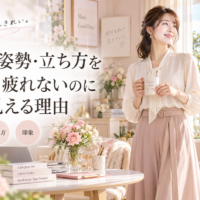 大阪の通天閣を望む明るく可愛い部屋で、カップを持つ上品な女性が自然体で立ち、疲れにくく美しく見える姿勢と立ち方、印象の変化を伝えている。