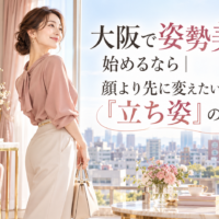 大阪の通天閣を望む明るく可愛い部屋で、上品な女性が美しい立ち姿を見せ、大阪の姿勢美容として顔より先に整えたい立ち姿の大切さを伝えている。