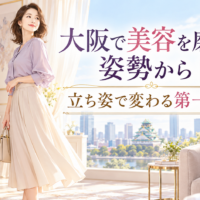 大阪城を望む明るく上品な部屋で、バッグを持つ女性が美しい立ち姿を見せ、大阪の姿勢美容として第一印象が変わる様子を伝えている。
