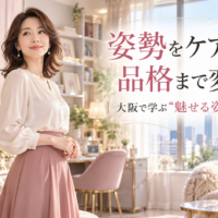 大阪城と通天閣を望む明るい部屋で、上品な女性が自然体で美しく立ち、大阪の姿勢ケアによって立ち姿や第一印象が変わることを伝えている。