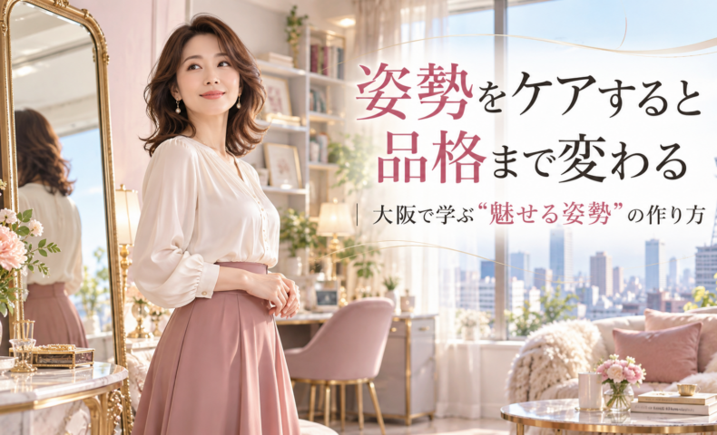 大阪城と通天閣を望む明るい部屋で、上品な女性が自然体で美しく立ち、大阪の姿勢ケアによって立ち姿や第一印象が変わることを伝えている。