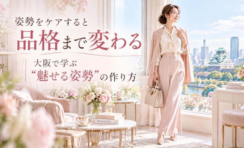 大阪城を望む明るく上品な部屋で、デスクに座る女性が自然体の姿勢を見せ、大阪で姿勢が重要な理由として第一印象は話す前に決まることを伝えている。