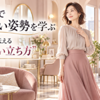 大阪の通天閣を望む明るく上品な部屋で、胸元に手を添えた女性が自然体で立ち、疲れない姿勢と元OSKが伝える力まない立ち方を表現している。