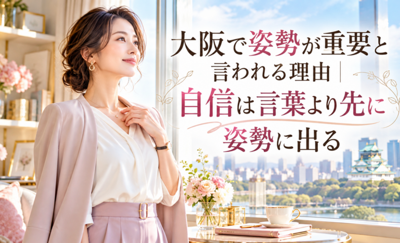 大阪城を望む明るく上品な部屋で、淡いピンクのジャケット姿の女性が胸元に手を添え、姿勢が重要な理由と自信が表情や立ち姿に表れる様子を示している。
