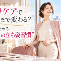大阪城を望む明るい上質な部屋で、淡いピンクの装いの女性が自然体で立ち、大阪の姿勢ケアで印象まで変わる大人の立ち姿習慣を伝えている様子。