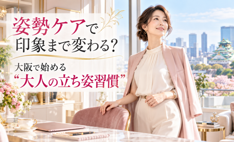 大阪城を望む明るい上質な部屋で、淡いピンクの装いの女性が自然体で立ち、大阪の姿勢ケアで印象まで変わる大人の立ち姿習慣を伝えている様子。