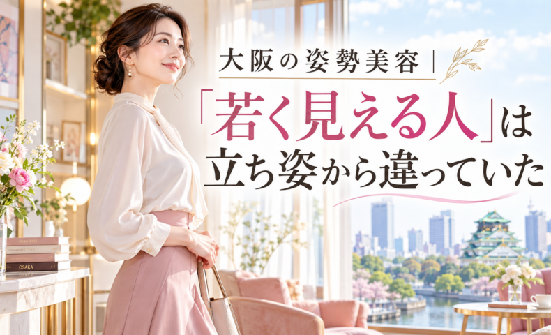 大阪城を望む明るく上品な部屋で、白いブラウスと淡いピンクのスカート姿の女性が美しく立ち、大阪の姿勢美容で若々しい印象を整える様子を示している。