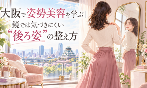 大阪城を望む明るく上品な部屋で、白いトップスとピンクのスカート姿の女性が鏡で後ろ姿を確認し、大阪の姿勢美容で背中や立ち姿を整える様子を示している。