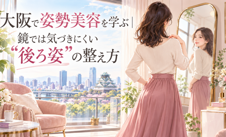 大阪城を望む明るく上品な部屋で、白いトップスとピンクのスカート姿の女性が鏡で後ろ姿を確認し、大阪の姿勢美容で背中や立ち姿を整える様子を示している。